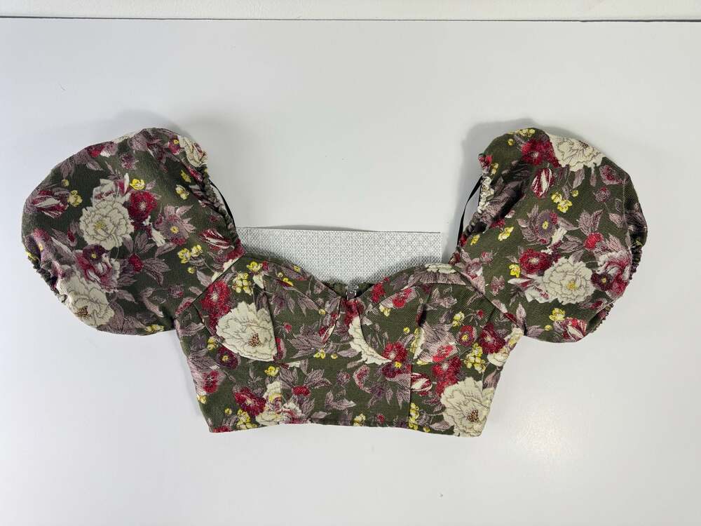 Forever 21 Floral Brocade Bustier Crop Top with Puff Sleeves Cottagecore